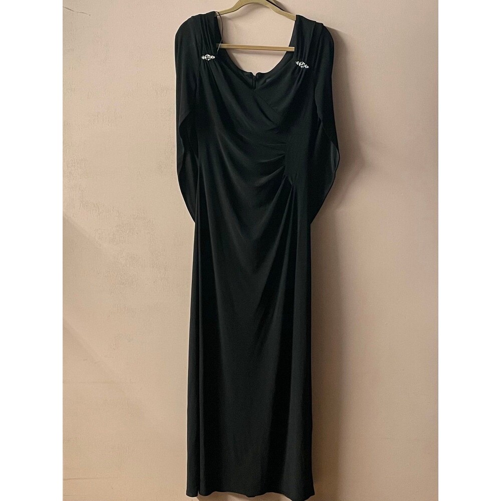R&M Richards Elegant Black Ruched Dress w/ Cape Sleeves Sz 8 Fair Condition